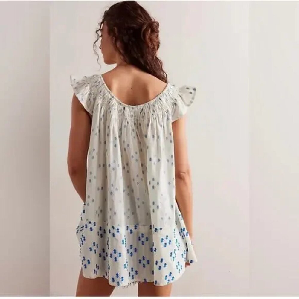 Free People We The Free Jules Flowy Cotton Tunic Top Flutter Sleeve Ivory Blue S - Picture 6 of 8